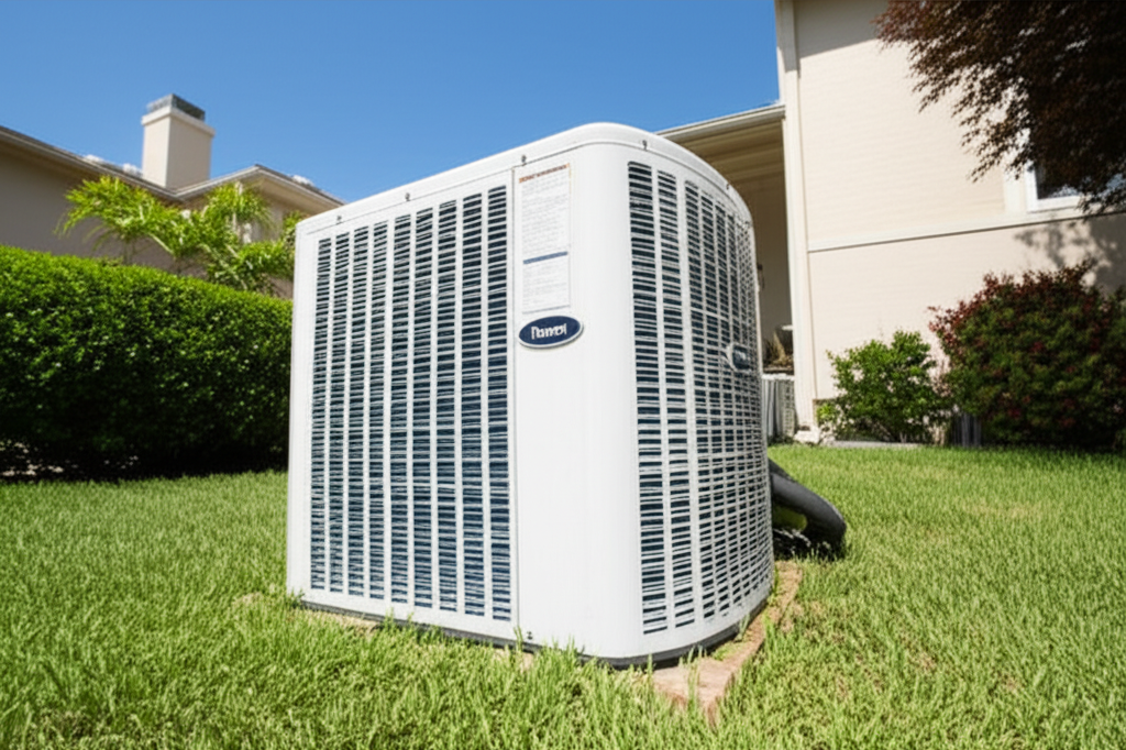 Modern air conditioning condenser unit in residential backyard - AC repair and installation services