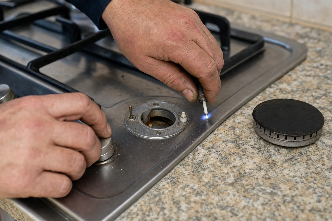 Technician adjusting a gas cooktop burner