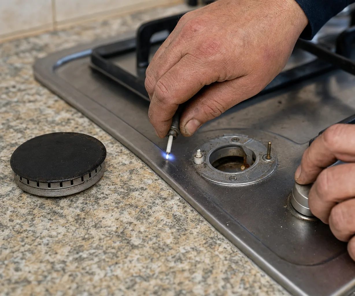 Technician adjusting a gas cooktop burner mid-repair
