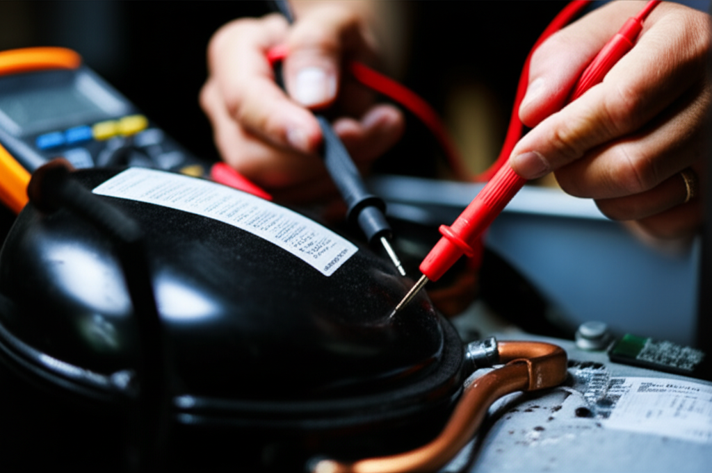 Technician performing diagnostic work on Sub-Zero refrigerator