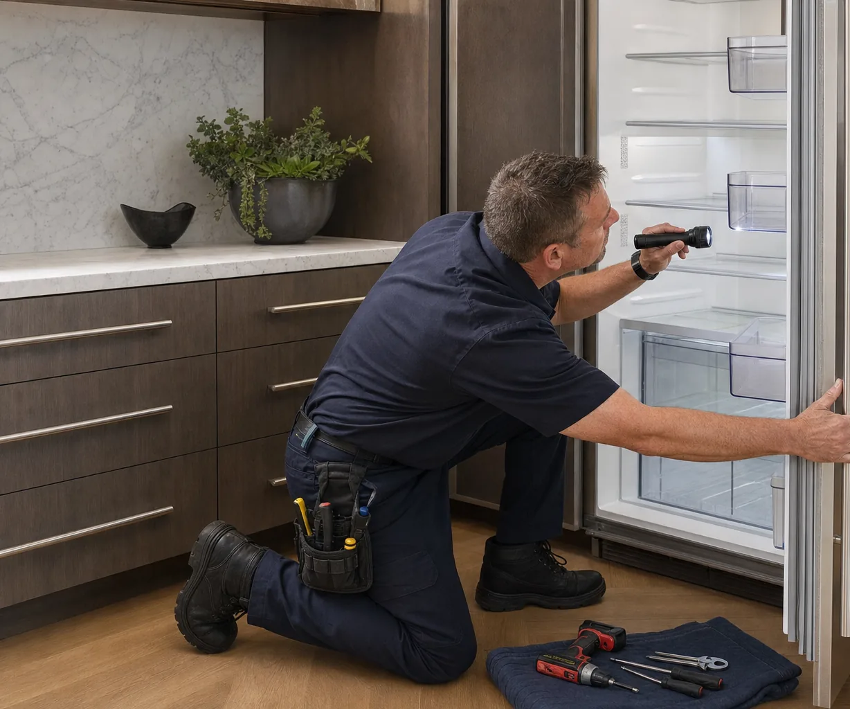 Technician repairing a built-in refrigerator in a Pound Ridge kitchen