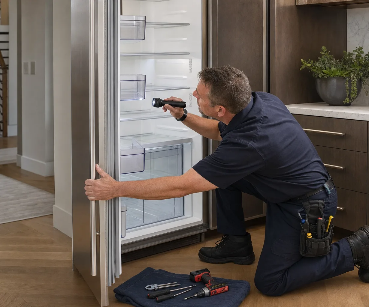 Technician repairing a built-in refrigerator in a Pound Ridge kitchen