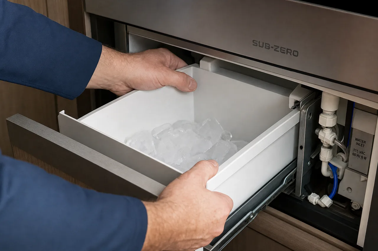 Technician servicing a built-in ice maker mid-repair