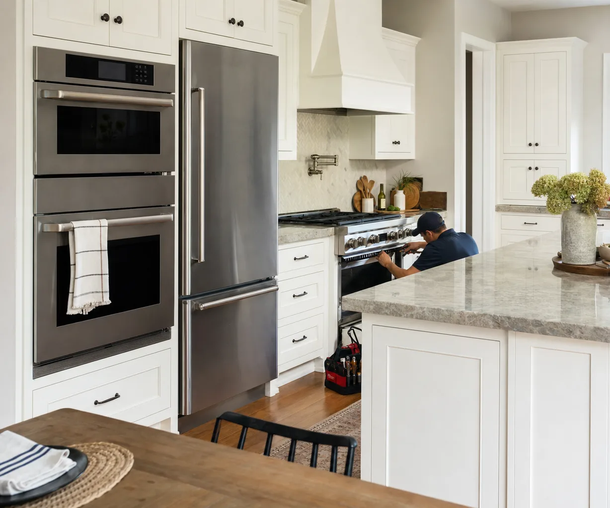 A luxury kitchen with built-in stainless appliances up close