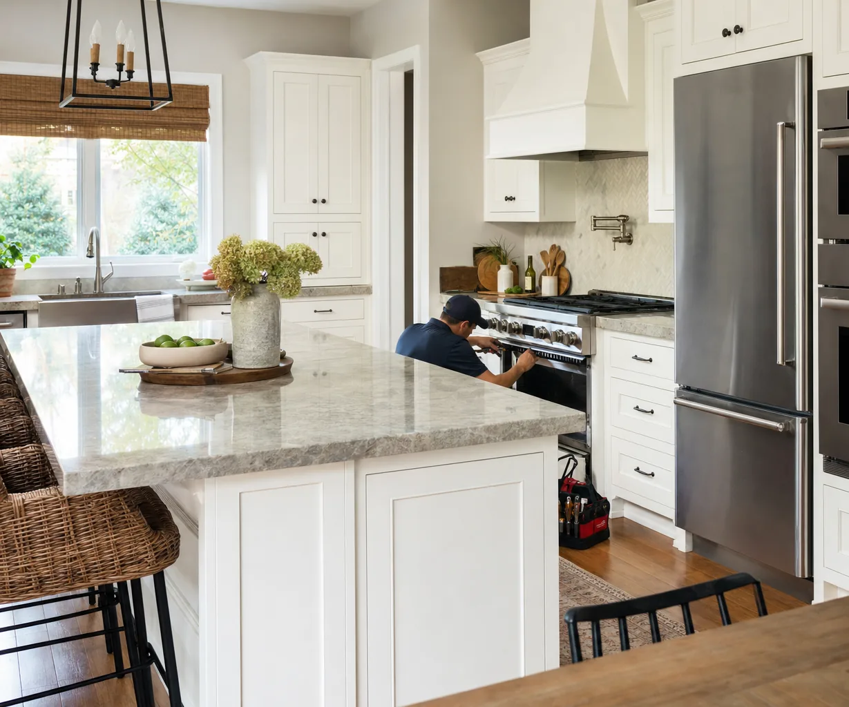 A luxury kitchen with built-in stainless appliances mid-repair
