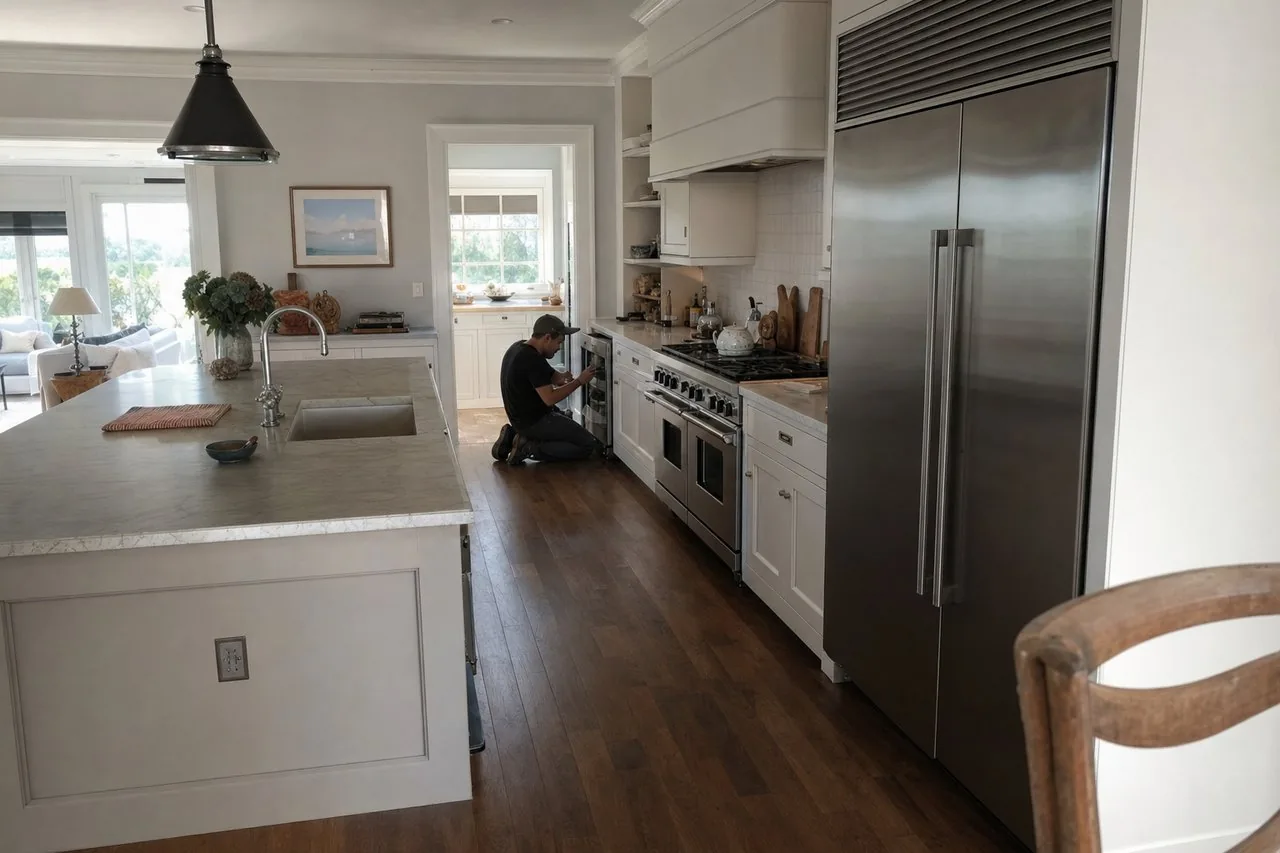A luxury Pound Ridge kitchen with built-in Sub-Zero and Wolf appliances in a Pound Ridge kitchen