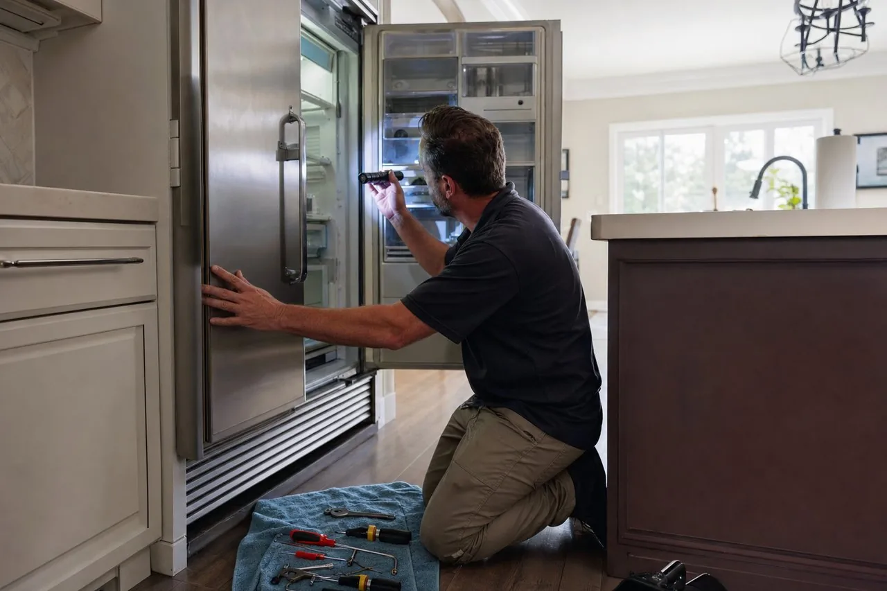 Technician repairing a built-in Sub-Zero refrigerator in a Pound Ridge kitchen