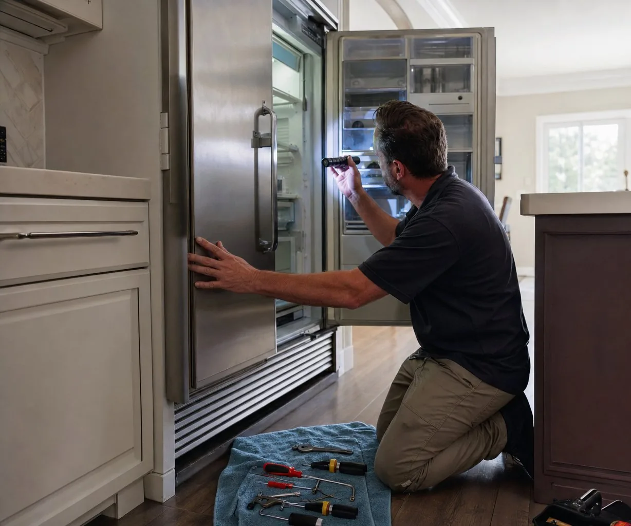 Technician repairing a built-in Sub-Zero refrigerator mid-repair