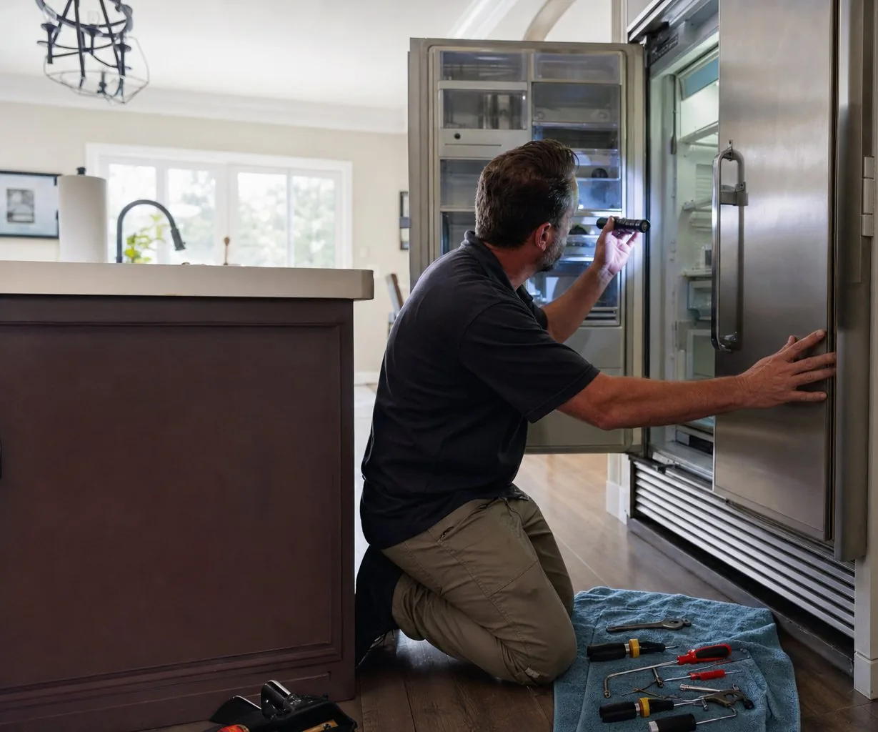 Technician repairing a built-in Sub-Zero refrigerator on a same-day visit