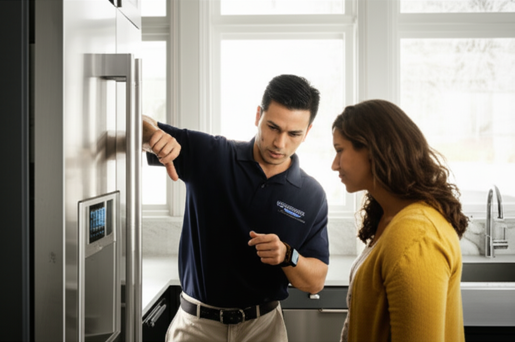 Professional appliance technician consulting with homeowner about Sub-Zero refrigerator repair