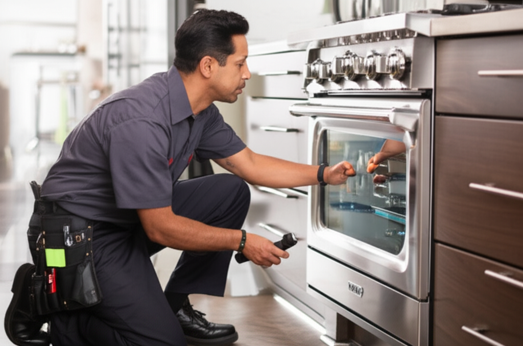 Professional technician servicing Wolf range - cooking equipment repair