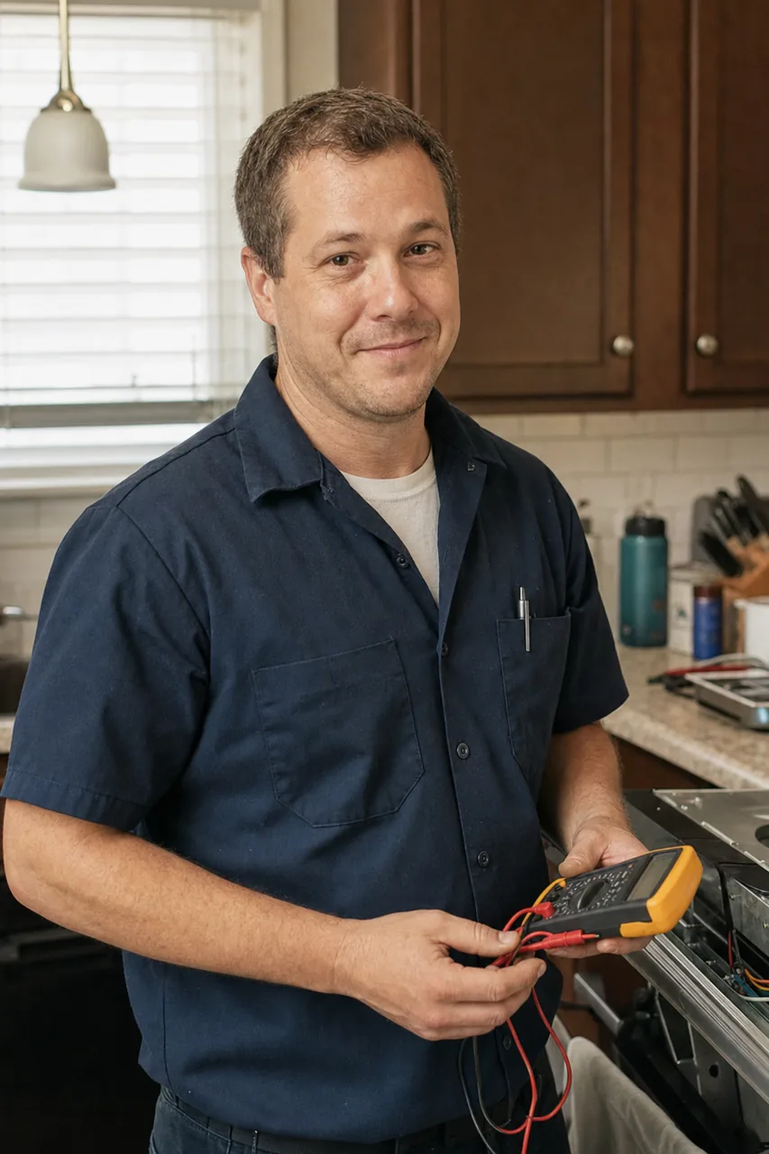 An appliance repair technician in a Pound Ridge kitchen holding a multimeter