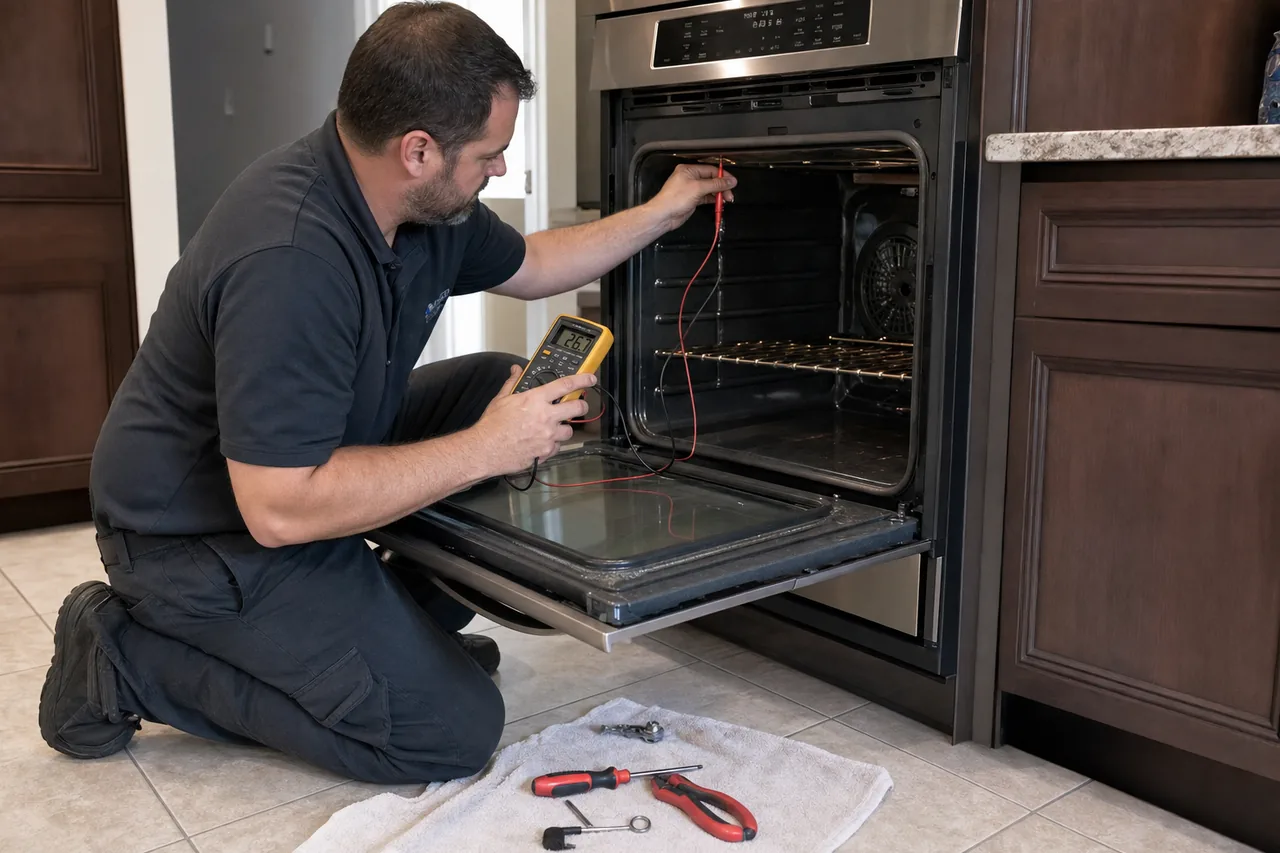 Technician servicing a built-in wall oven in a Pound Ridge kitchen