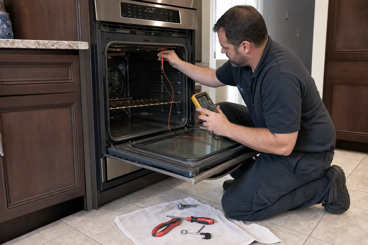 Technician servicing a built-in wall oven up close