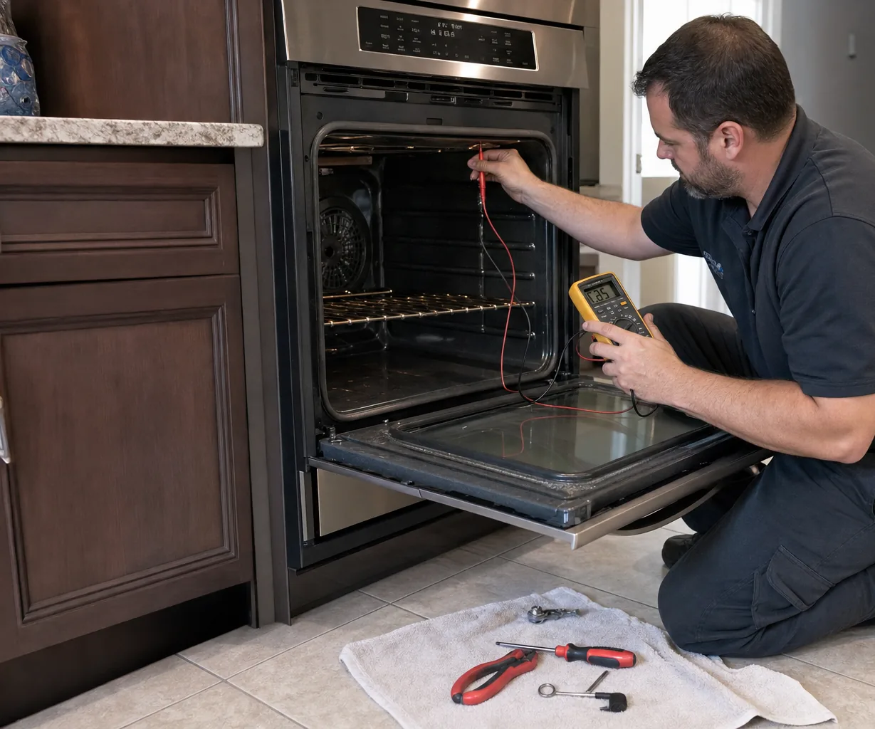 Technician servicing a built-in wall oven mid-repair
